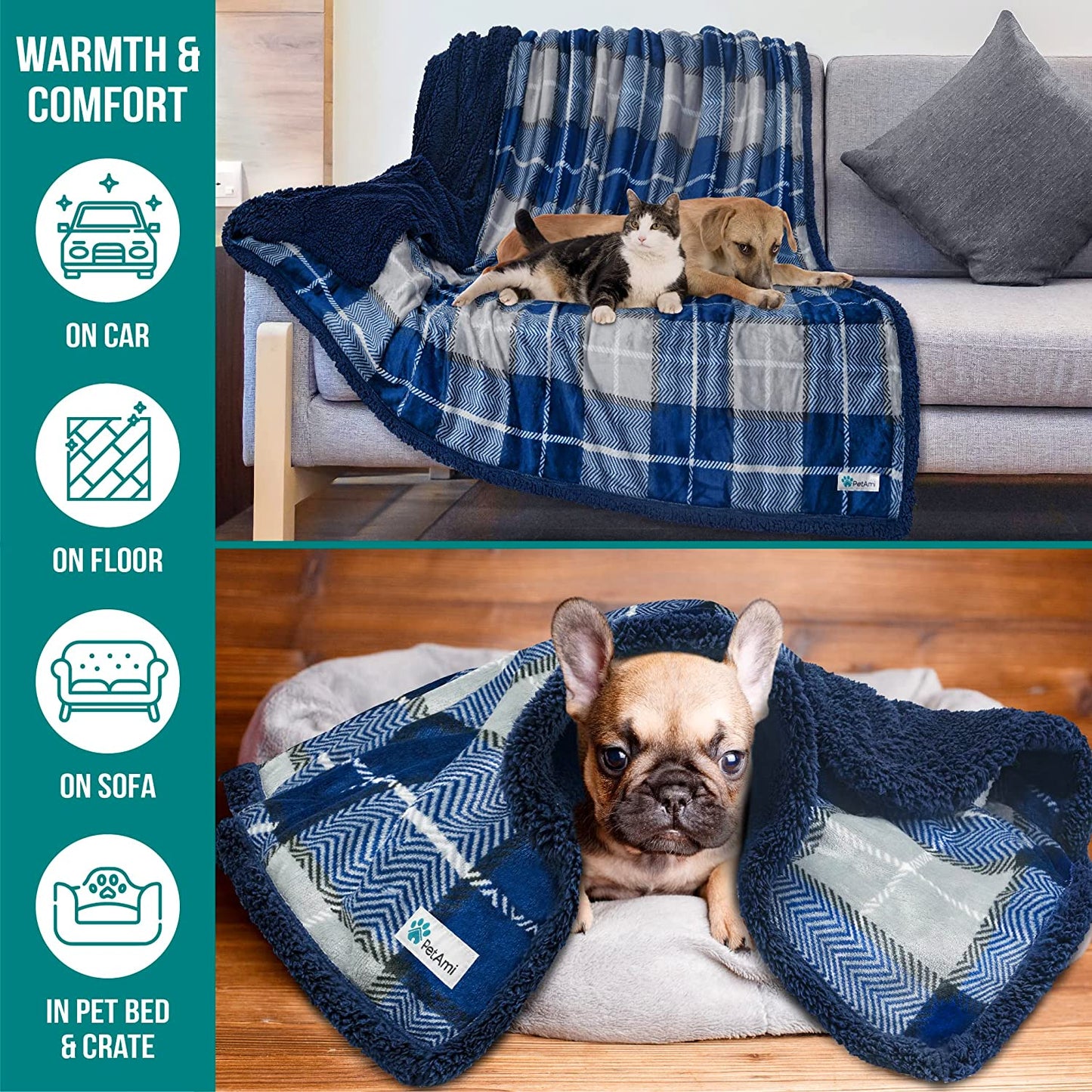 Waterproof Dog Blanket for Small Medium Dog, Pet Puppy Blanket Couch Cover Protection, Sherpa Fleece Cat Blanket Couch Sofa Bed Furniture Protector Reversible Soft Washable 29X40 Plaid Navy