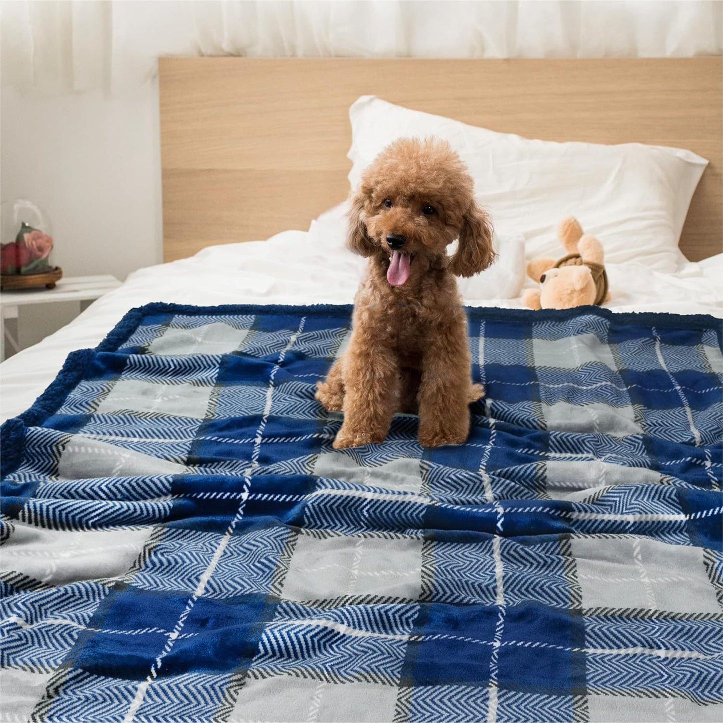 Waterproof Dog Blanket for Small Medium Dog, Pet Puppy Blanket Couch Cover Protection, Sherpa Fleece Cat Blanket Couch Sofa Bed Furniture Protector Reversible Soft Washable 29X40 Plaid Navy